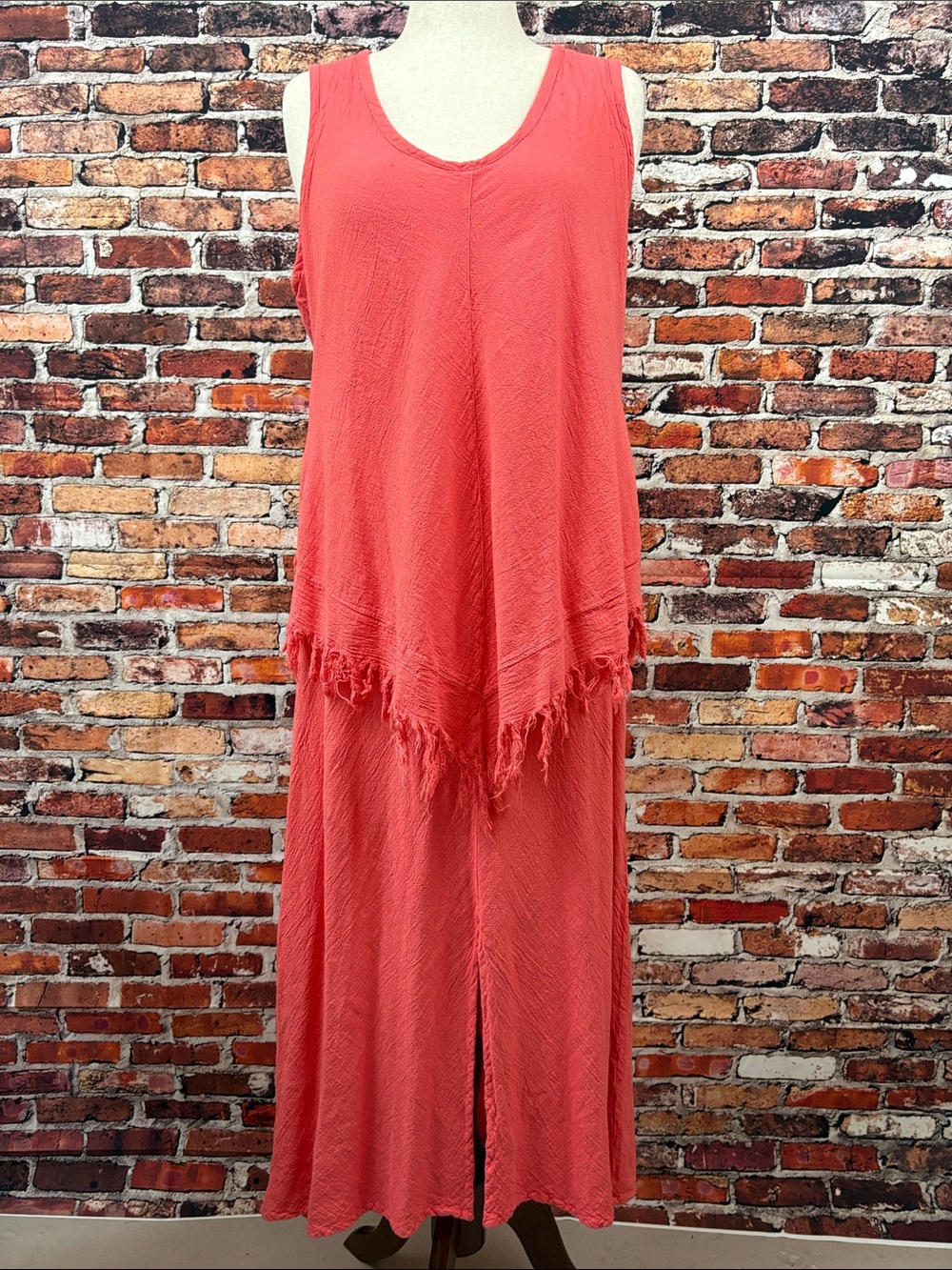 Cecilia Nathal Coral Sleeveless V-Neck Fringe Layered Maxi Dress 100% Cotton L